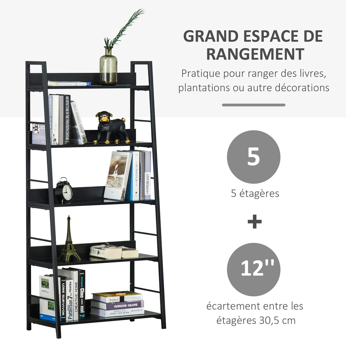 Étagère bibliothèque de Rangement Style Industriel incliné 5 Niveaux 70L x 35l x 150H cm Noir