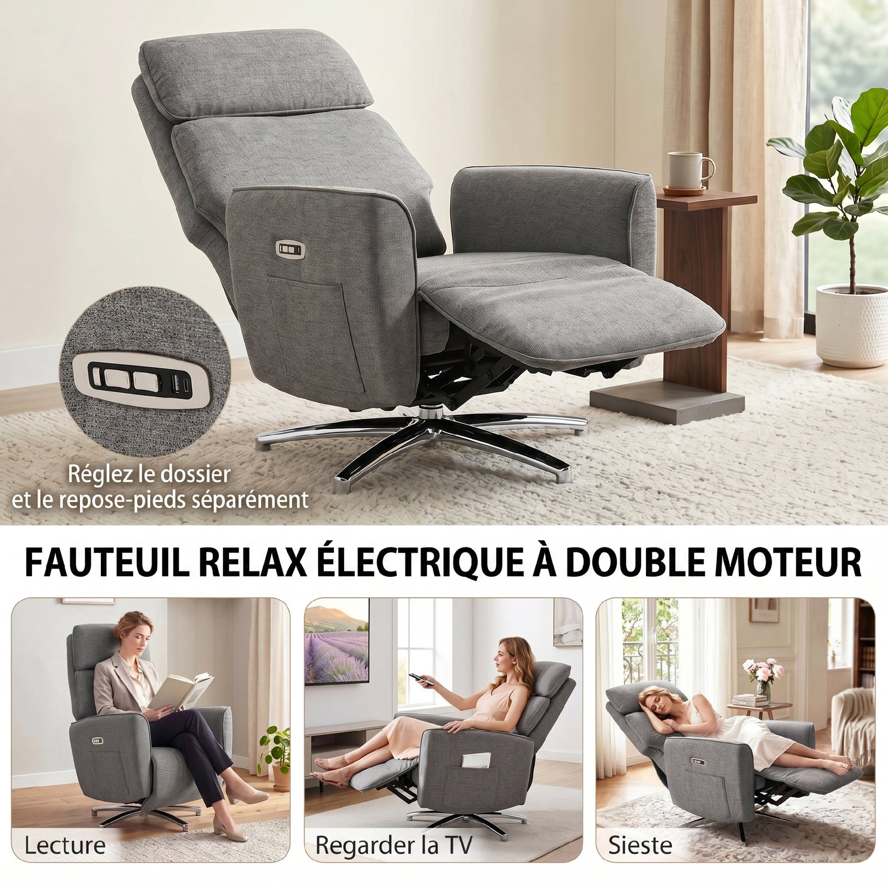 Fauteuil Relax Électrique Pivotant 360°, Fauteuil Inclinable avec Appui-Tête Réglable, Ports USB, Tissu en Lin, Gris