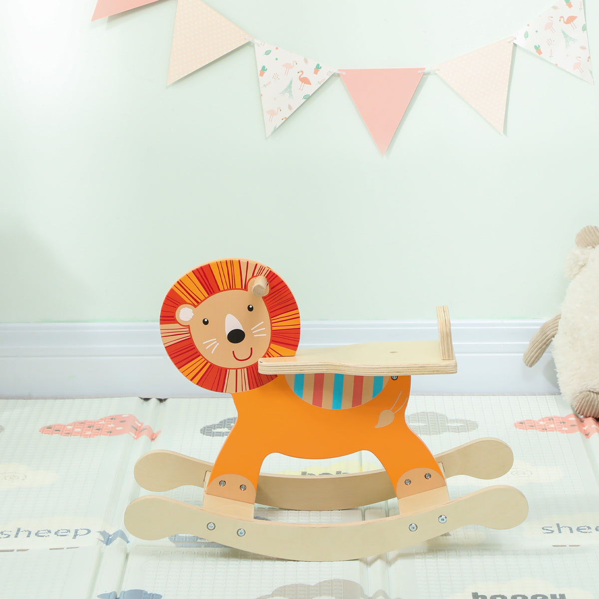 Cheval à bascule pour enfants, lion jouet à bascule bébé en bois avec guidon et base stable, 59 x 27 x 43 cm, orange