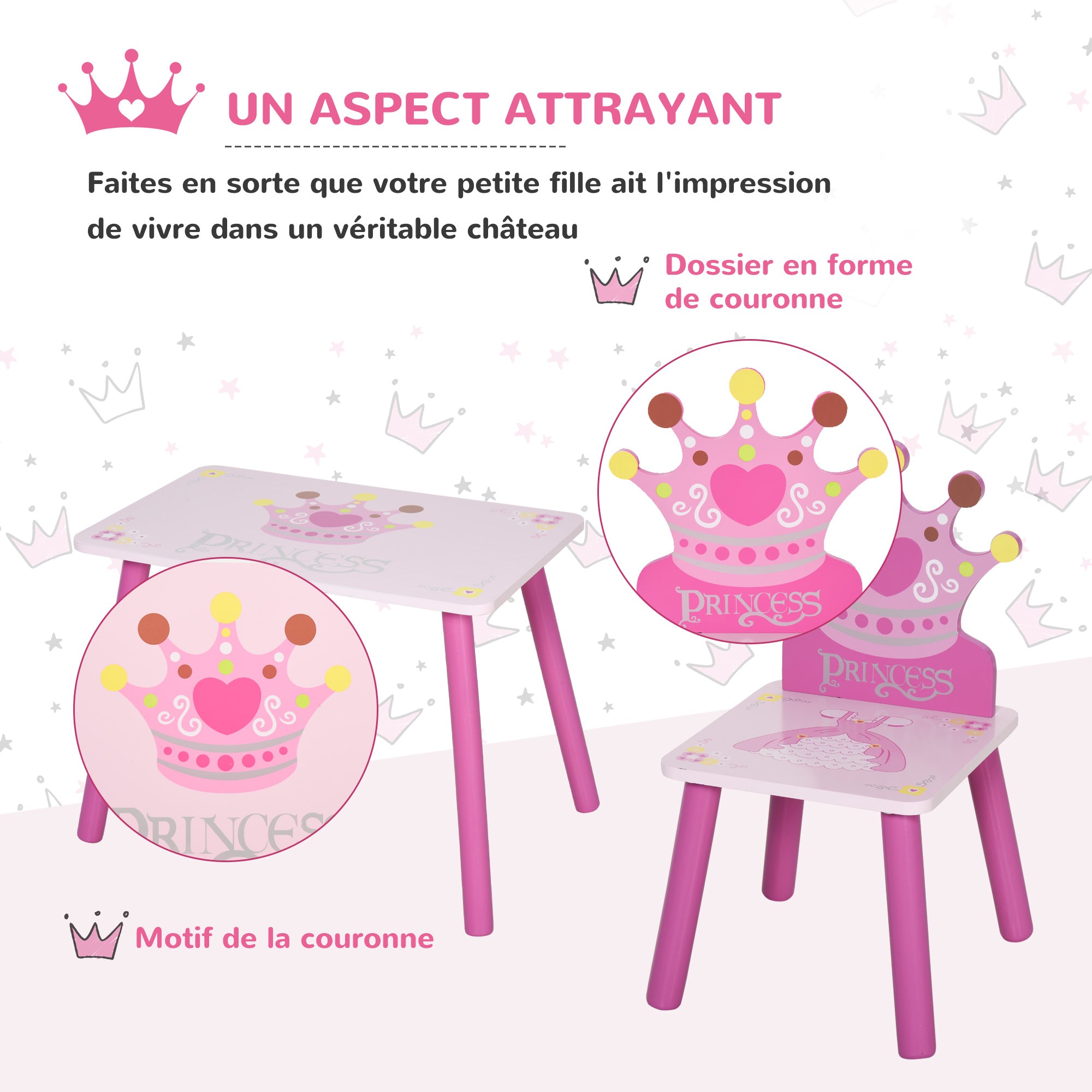 Ensemble table et 2 chaises enfant 3 pièces, pieds en bois massif, table avec chaise motif couronne, pour filles et garçons de 2 à 4 ans, rose