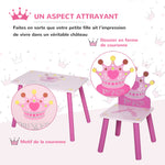 Ensemble table et 2 chaises enfant 3 pièces, pieds en bois massif, table avec chaise motif couronne, pour filles et garçons de 2 à 4 ans, rose