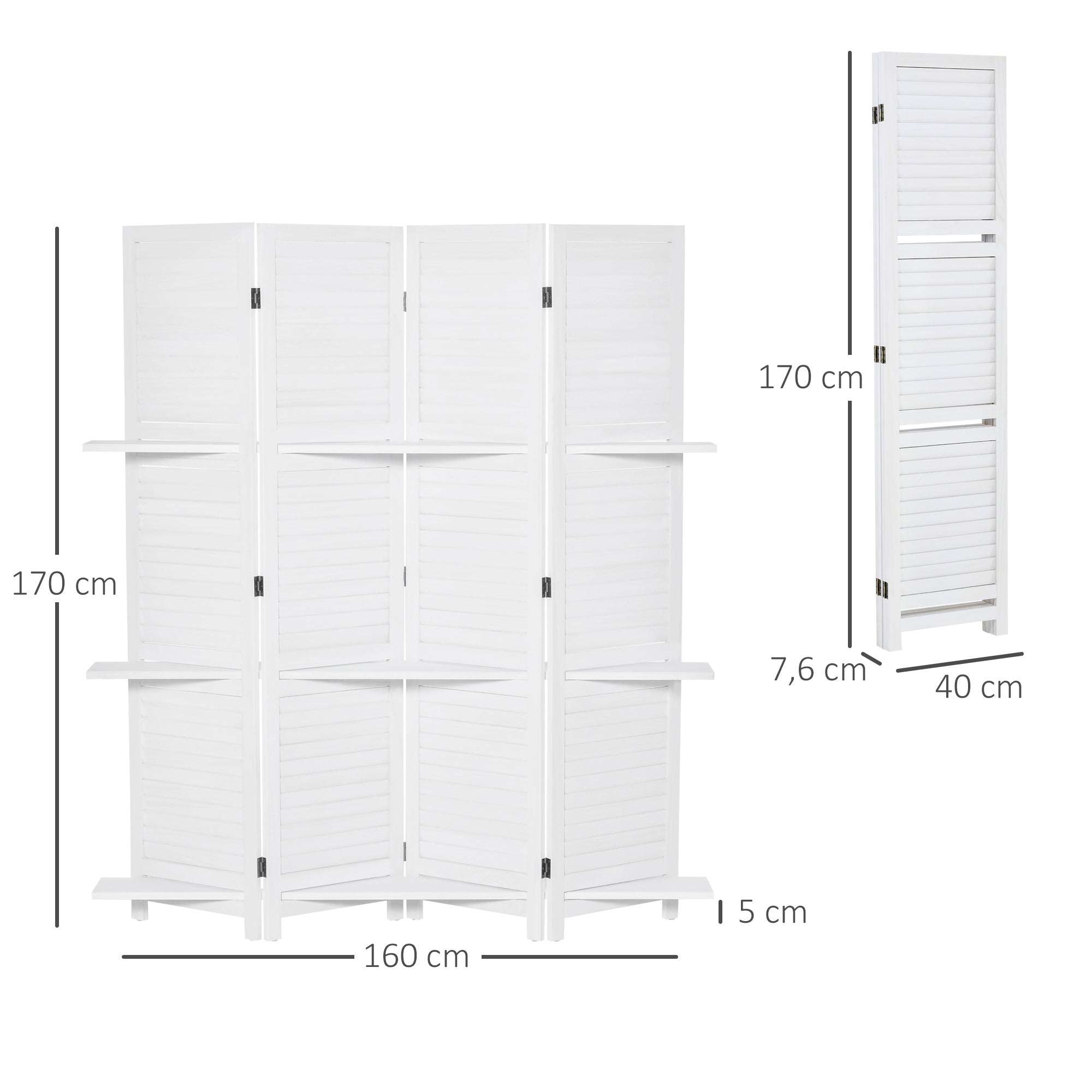 Paravent Intérieur en Bois 4 Panneaux 160 x 170 cm, Séparateur de Pièce Pliable avec 3 Étagères, Cloison de Séparation pour Salon, Chambre à Coucher, Maison, Blanc