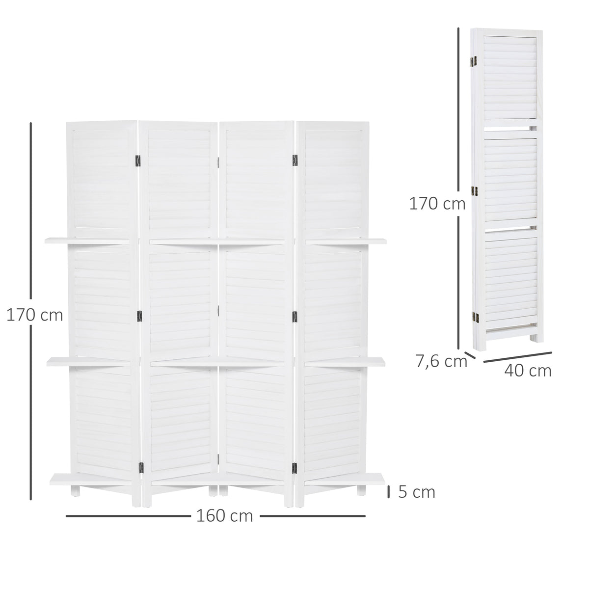Paravent Intérieur en Bois 4 Panneaux 160 x 170 cm, Séparateur de Pièce Pliable avec 3 Étagères, Cloison de Séparation pour Salon, Chambre à Coucher, Maison, Blanc