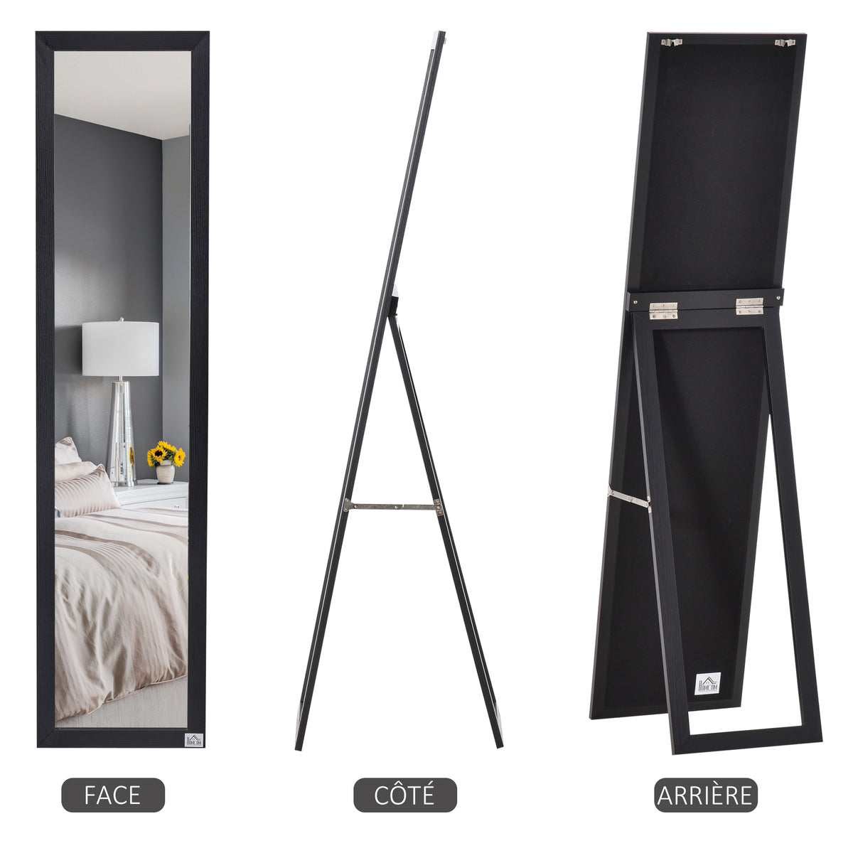 Miroir sur Pied et Mural Rectangulaire, Miroir de Sol Pleine Longueur pour Dressing, Chambre, Salon, 37 x 37 x 154 cm, Noir