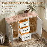 Buffet salon, meuble de rangement avec 2 portes à fermeture douce et 3 tiroirs, 110x35x80,4cm, blanc et bois naturel
