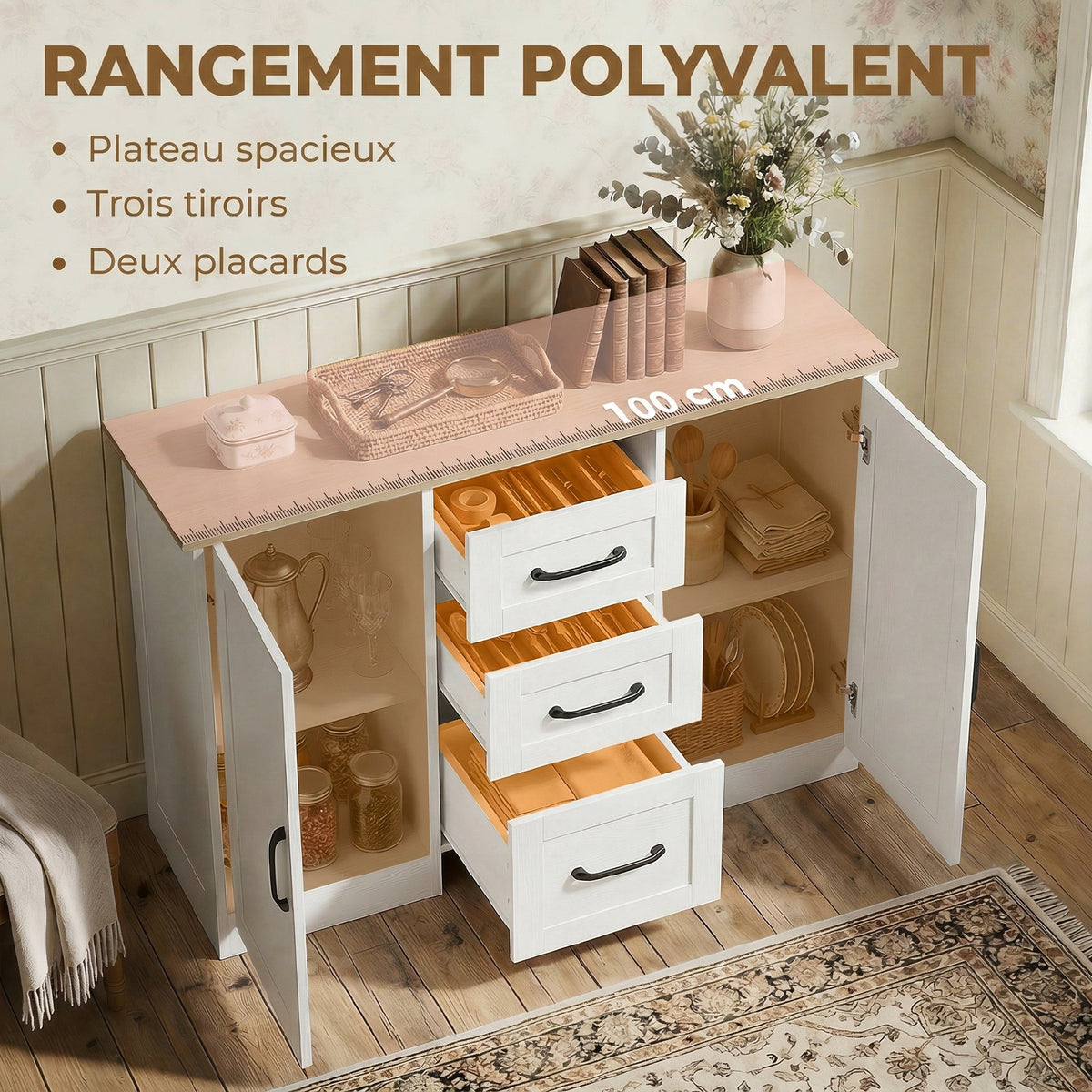 Buffet salon, meuble de rangement avec 2 portes à fermeture douce et 3 tiroirs, 110x35x80,4cm, blanc et bois naturel