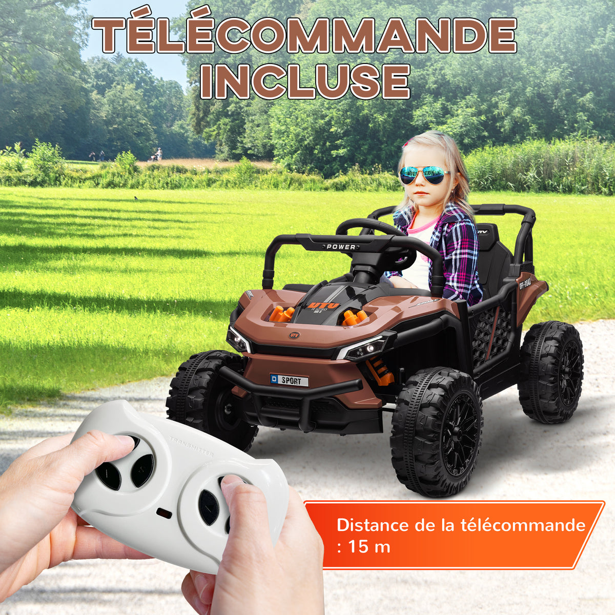 Voiture électrique enfant UTV buggy électrique enfant avec télécommande 2.4Ghz 2 moteurs 103L x 69l x 59H cm marron