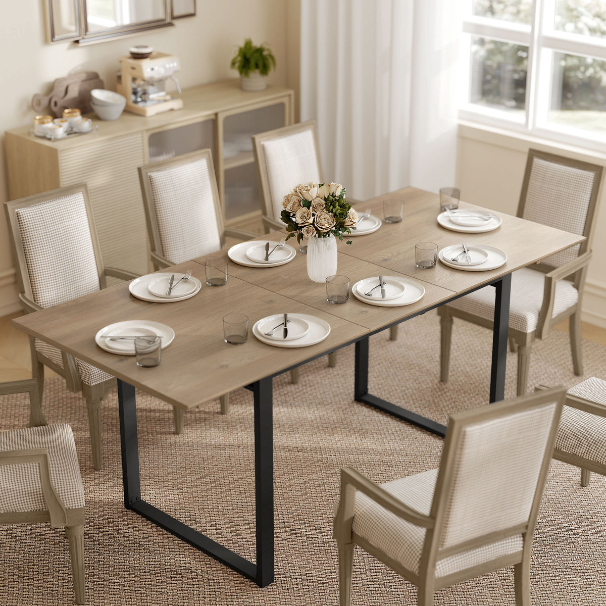 Mesa de comedor rectangular extensible para 6 a 8 personas, mesa de cocina con extensión de 140-180 cm, efecto madera natural