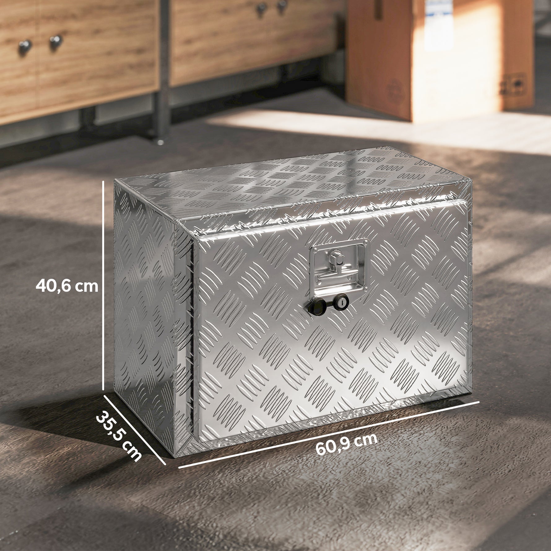 Boîte à outils pour camion en aluminium, 60,9 x 35,5 x 40,6 cm, coffre de rangement 76 L avec serrure et clés, argent