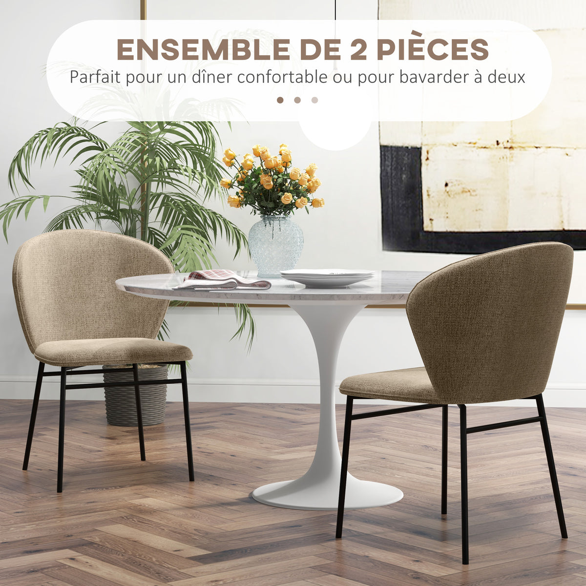 Set di 2 sedie da pranzo con seduta imbottita in tessuto effetto lino, gambe in acciaio stabili, design moderno, marrone chiaro
