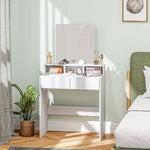 Tocador con espejo, mesa de maquillaje con 2 cajones y 3 compartimentos, estilo moderno, 75 x 38 x 135 cm, blanco