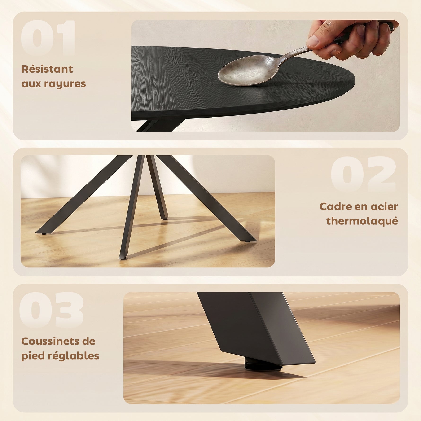 Table à Manger Ronde pour 4 Personnes 100 cm, Style Industriel avec Plateau Aspect Bois, Piètement Croisé en Acier, Noir