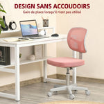 Chaise de Bureau Ergonomique Sans Accoudoirs, Fauteuil de Bureau Pivotant, Dossier Courbé en Maille et Roulettes, Rose