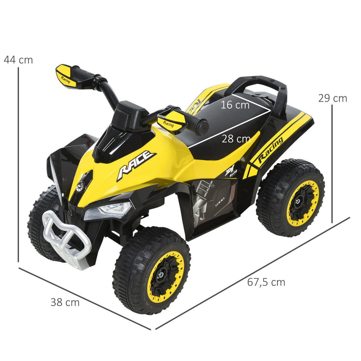 Porteur Enfants SANS Moteur Quad 18-36 Mois dim. 67L x 38l x 44H cm Effets Lumineux et sonores Jaune Noir PAS ÉLECTRIQUE