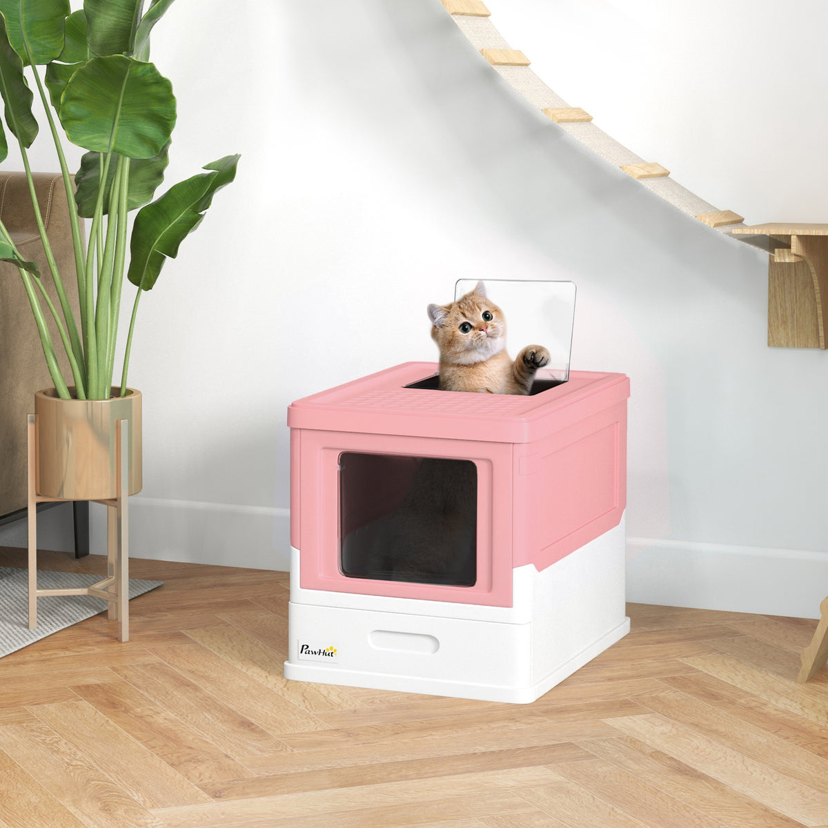 Lettiera per gatti pieghevole con doppia porta a battente e apertura superiore, paletta inclusa, 47,5 x 35,5 x 36,7 cm, rosa
