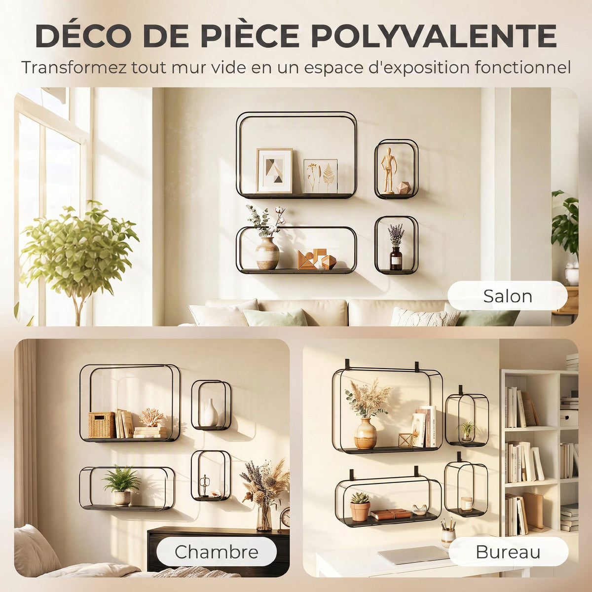 Set di 4 mensole da parete in stile industriale, scaffali geometrici sospesi in metallo, per soggiorno, camera da letto e ufficio, nero