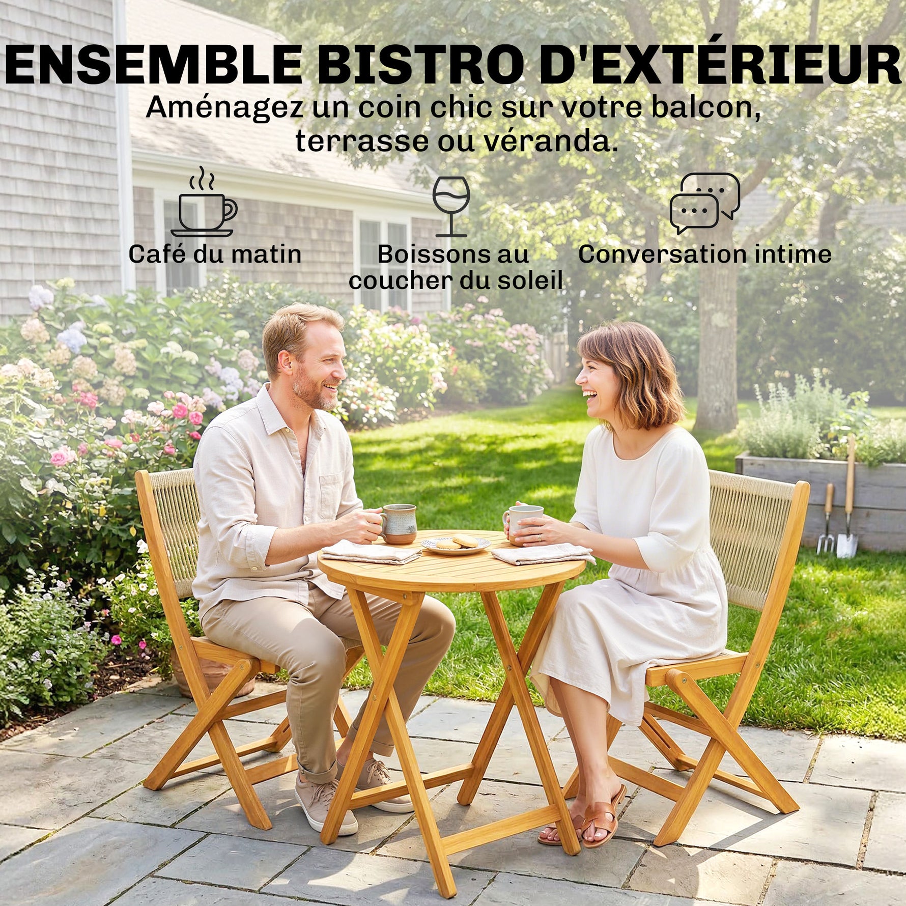 Salon de Jardin Ensemble Bistro 3 Pièces Table Ronde et 2 Chaises Pliables Design Boho Bois d'Acacia Cordage PP Naturel