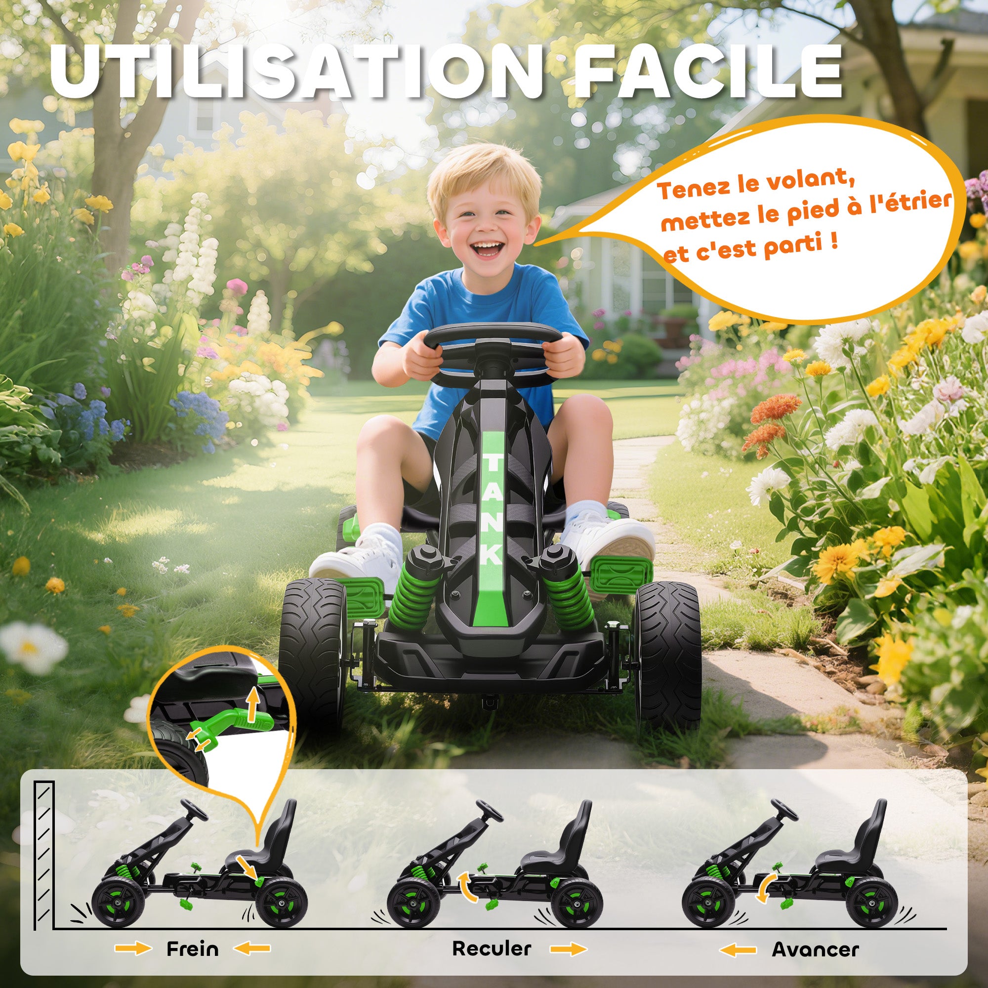 Kart à pédales pour enfants, karting enfant 3 à 6 ans avec roue libre, frein, roues EVA antidérapantes, vert