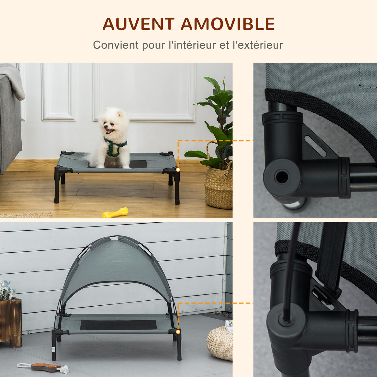 Lit chien sureleve avec parasol, lit de camp chien chat sur pieds tissu Oxford respirant, anti-UV cadre en métal sac de transport inclus couchage extérieur pour chat 161 x 46 x 61 cm gris noir