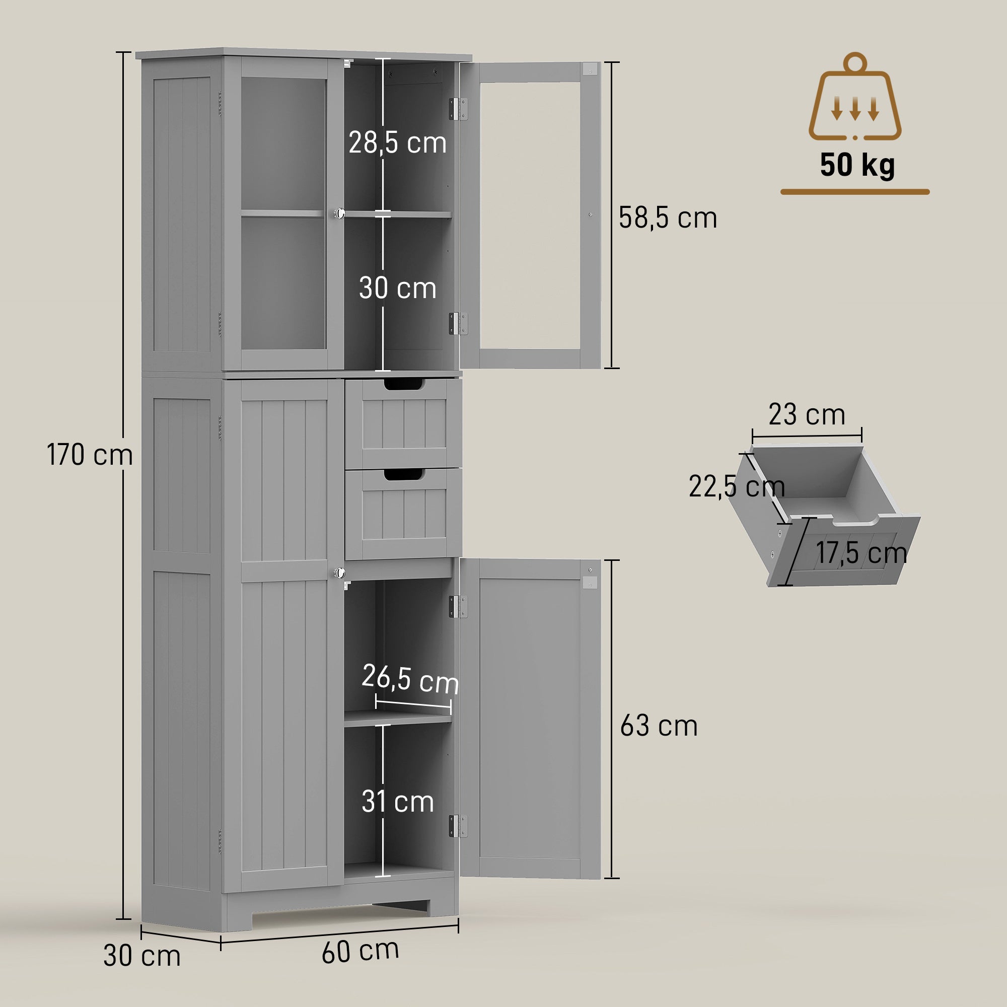 Meuble de salle de bain haut, meuble de rangement avec 4 portes dont 2 vitrées, 2 tiroirs et étagères réglables, gris