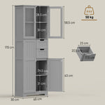 Meuble de salle de bain haut, meuble de rangement avec 4 portes dont 2 vitrées, 2 tiroirs et étagères réglables, gris