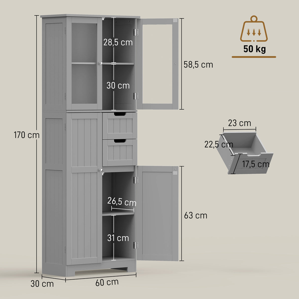 Meuble de salle de bain haut, meuble de rangement avec 4 portes dont 2 vitrées, 2 tiroirs et étagères réglables, gris
