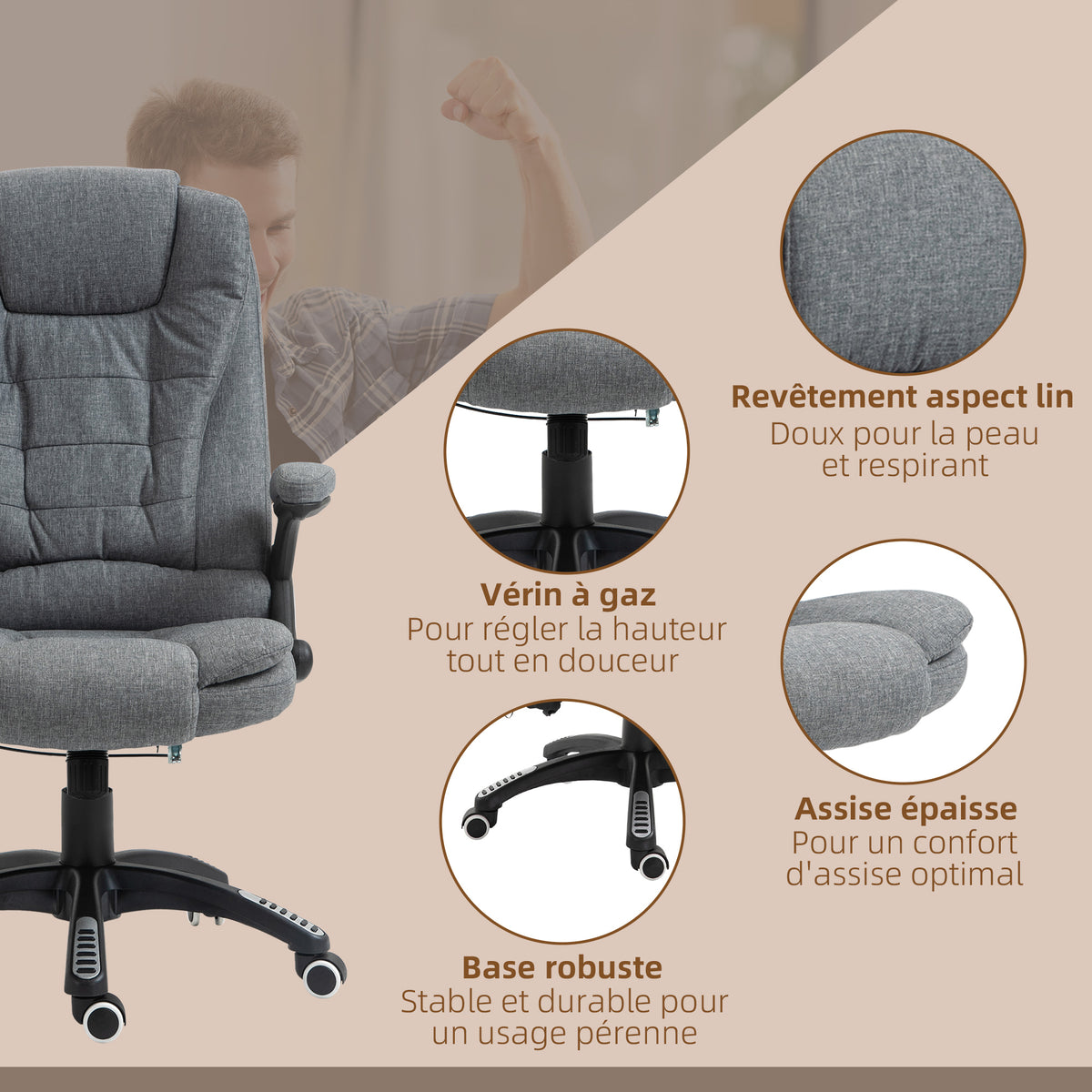 Fauteuil de bureau massant et chauffant, chaise de bureau, chaise ergonomique avec hauteur réglable, dossier inclinable et télécommande filaire, pivotant à 360° tissu en polyester gris chiné