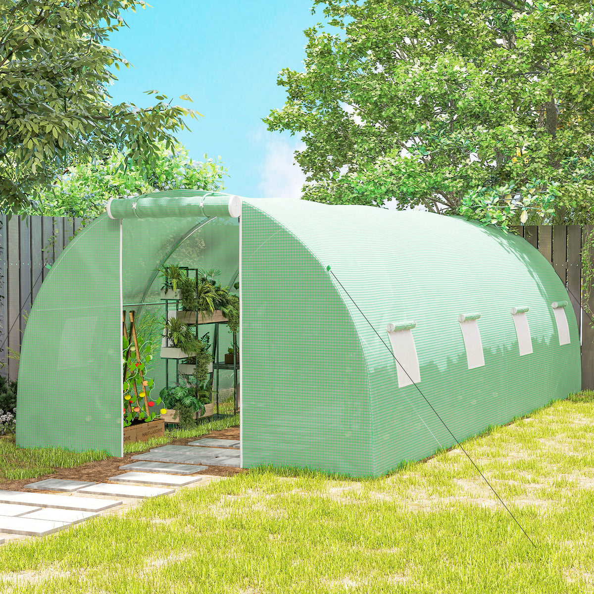 Serre de Jardin Tunnel 18 m² dim. 6L x 3l x 2H m - 8 fenêtres, Porte zippée Enroulable - châssis Tubulaire Acier galvanisé, bâche PE Haute densité Vert
