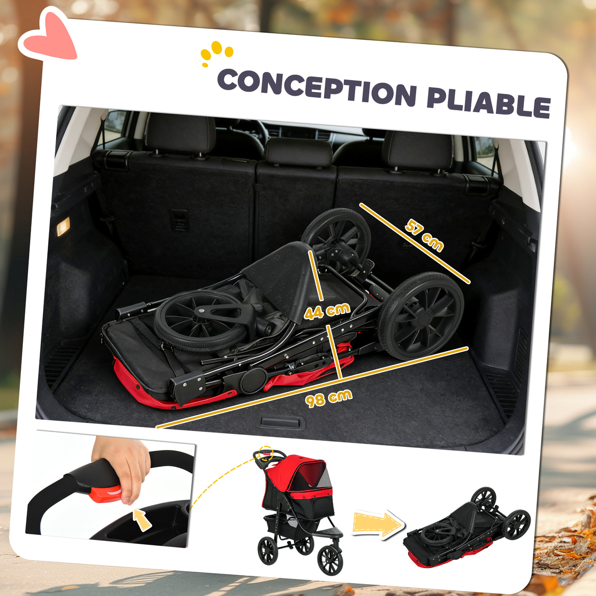 Passeggino per cani carrello pieghevole 3 ruote fuoristrada EVA 12" capottina regolabile 2 guinzagli 109,5x57,5x106,5cm rosso