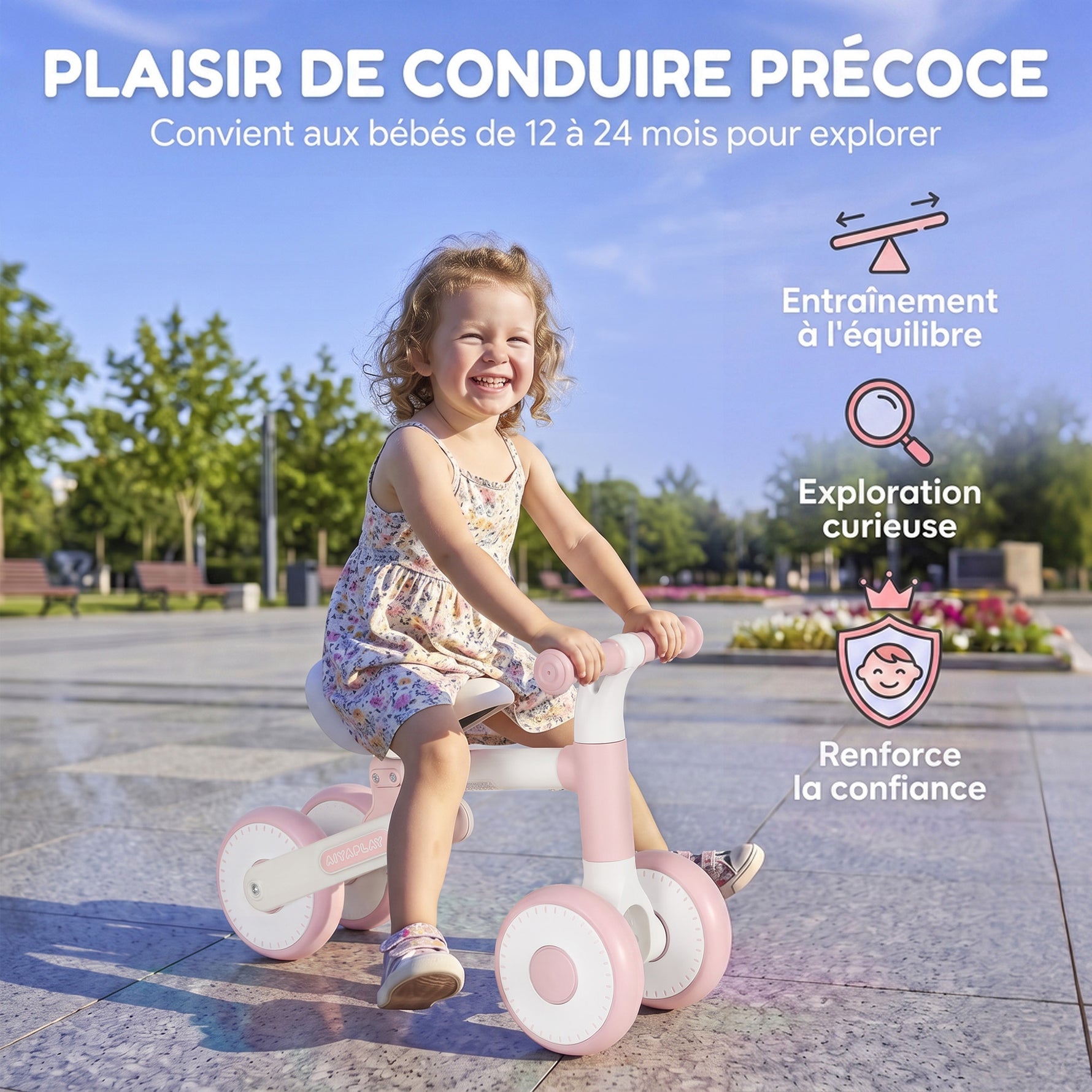 Draisienne Bébé 1-2 Ans Pliable, Siège Réglable, Direction Limitée à 135°, Pneus EVA Silencieux, 52x23x36,5cm, Rose