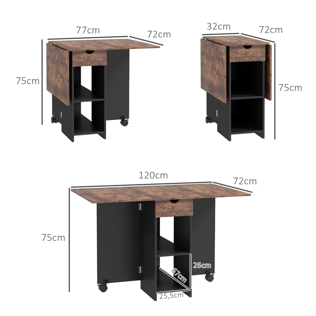 Tavolo da pranzo pieghevole, tavolo da cucina allungabile per 2-4 persone, 2 ribalte, 120 x 72 x 75 cm, rustico e nero