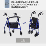 Déambulateur 4 roues - déambulateur pliable léger - assise + dossier rembourré - poignées ergonomiques, freins à main - panier rangement - métal bleu