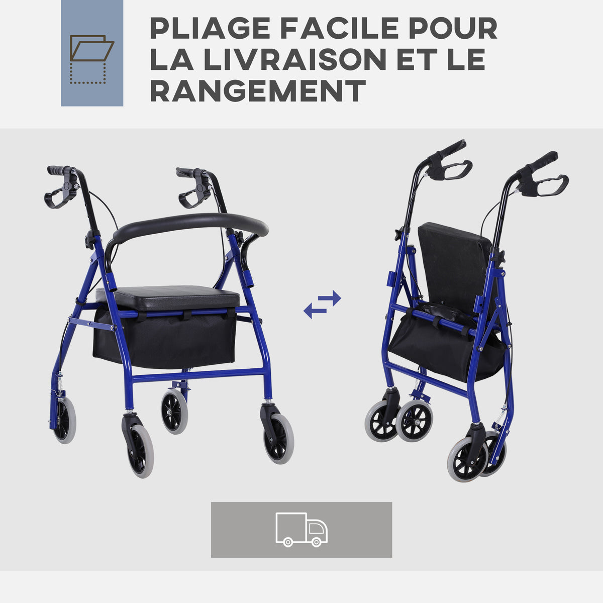 Déambulateur 4 roues - déambulateur pliable léger - assise + dossier rembourré - poignées ergonomiques, freins à main - panier rangement - métal bleu