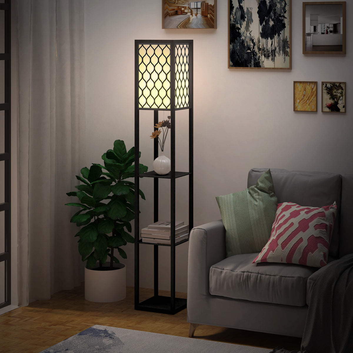 Lampadaire étagère Lampe étagère 26L x 26l x 160H cm 4 Niveaux MDF Noir Motif nid d'abeille