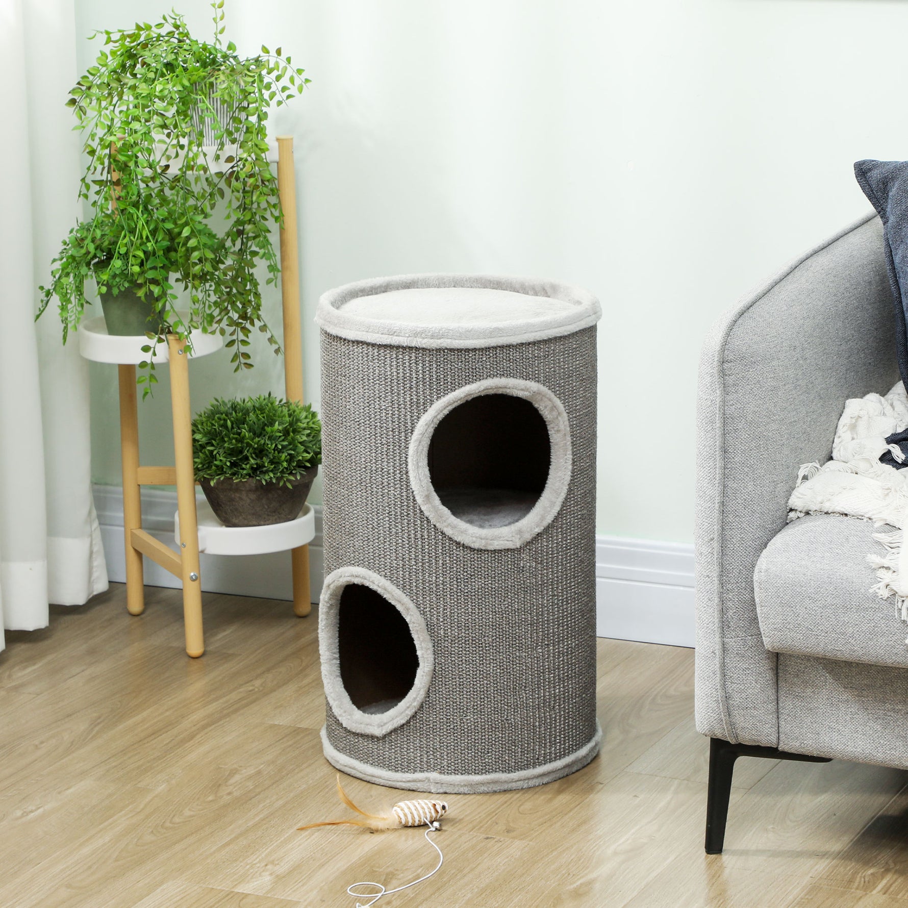 Tonneau à Gratter pour Chat, Tour à Griffer, Arbre à Chat à 2 Couches en Sisal Naturel, Ø35x60cm, Gris Clair