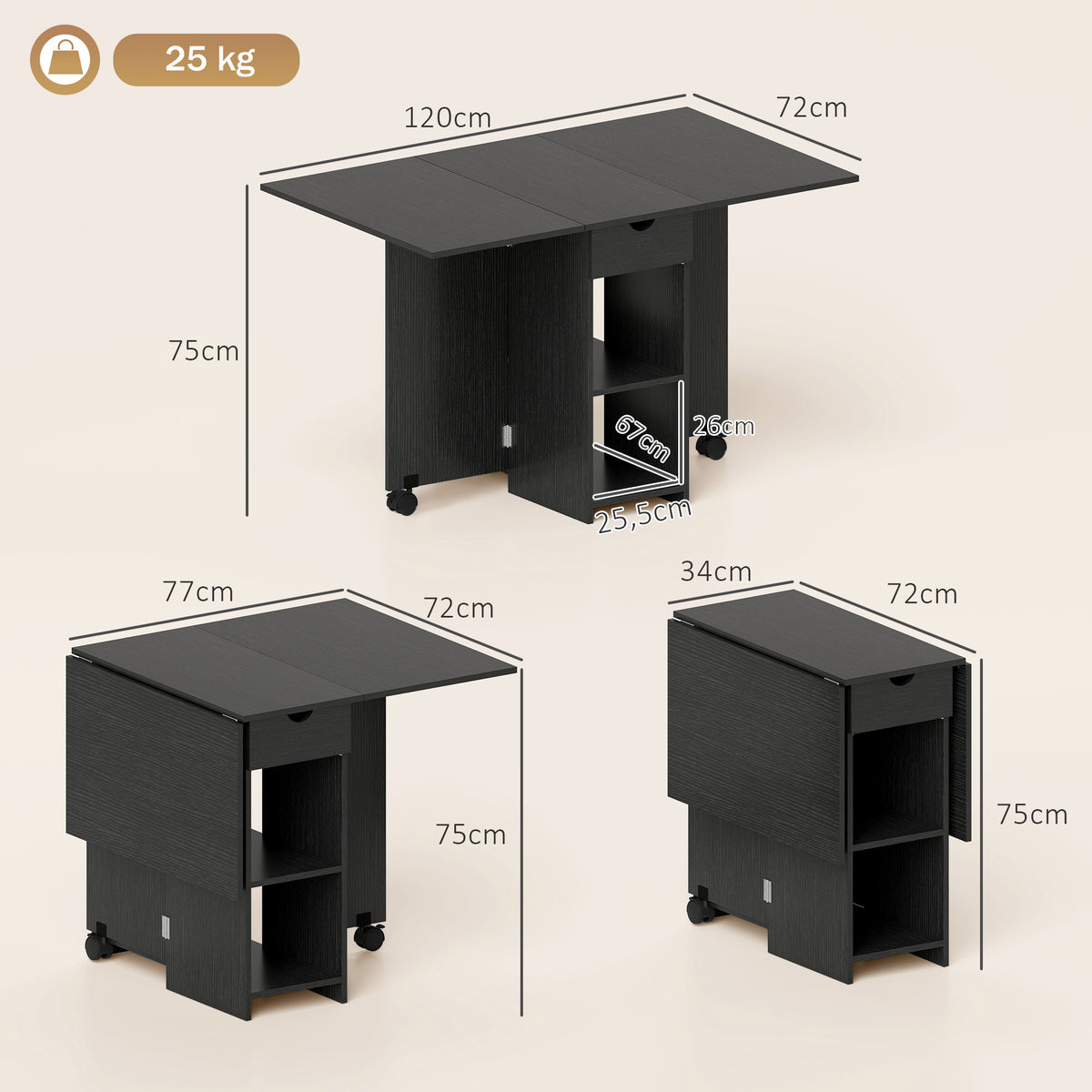 Klapptisch, ausziehbarer Küchentisch für 2 bis 4 Personen, 2 Klappflügel, 120 x 72 x 75 cm, Schwarz