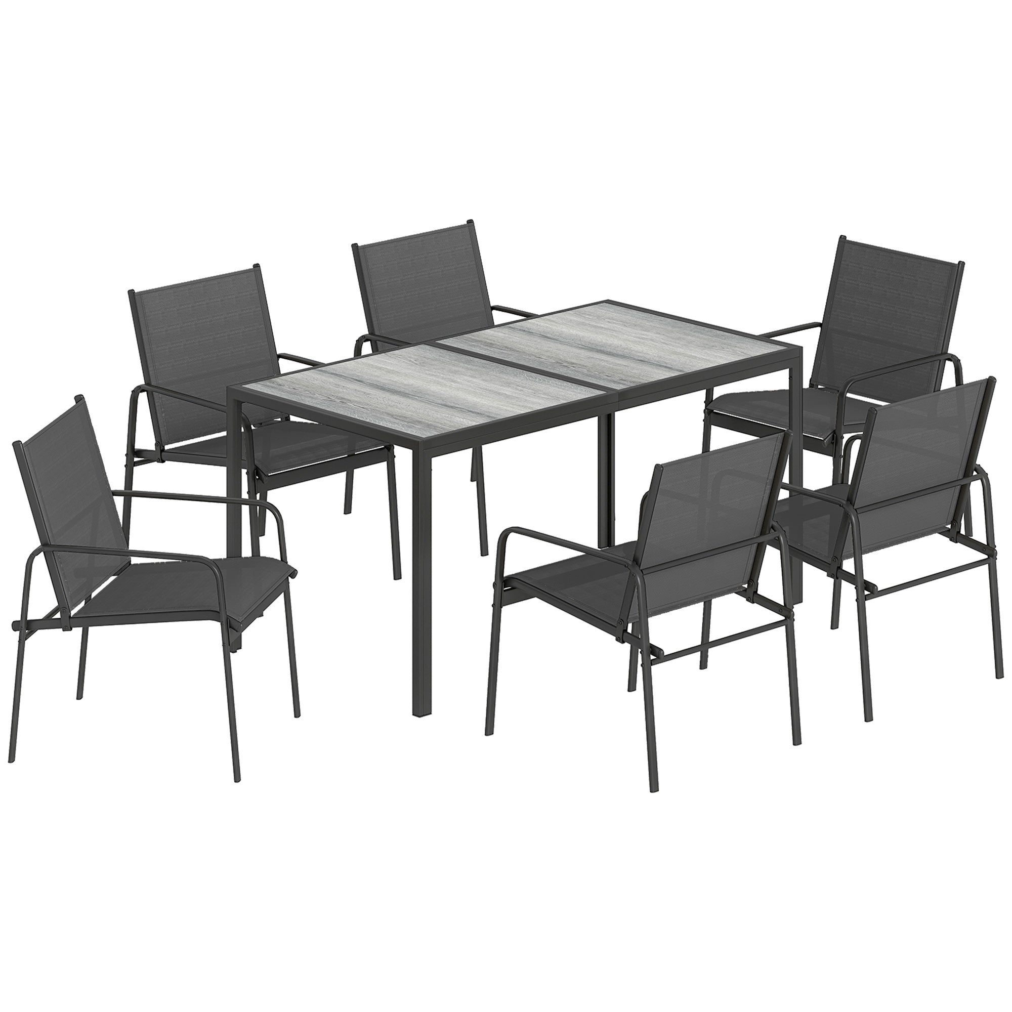 Salon de Jardin Extérieur pour 6 Personnes, Table de Patio Effet Bois et Chaises avec Assise en Maille Respirante, Cadre en Acier Galvanisé, Noir
