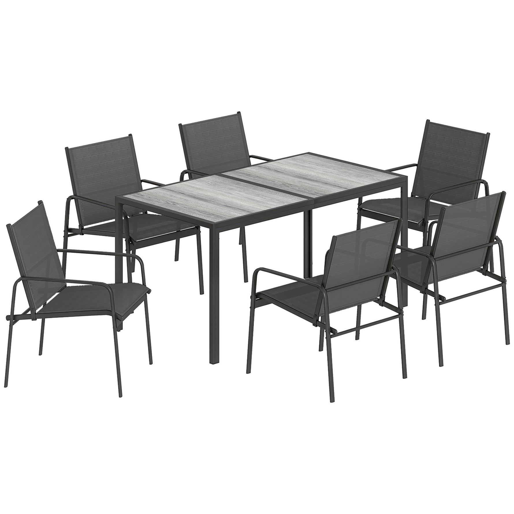 Salon de Jardin Extérieur pour 6 Personnes, Table de Patio Effet Bois et Chaises avec Assise en Maille Respirante, Cadre en Acier Galvanisé, Noir