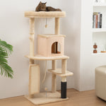 Arbre à chat, tour de jeux, hauteur de 132 cm, avec lit, maison, brosse de toilettage,  55 x 44 x 132 cm, beige