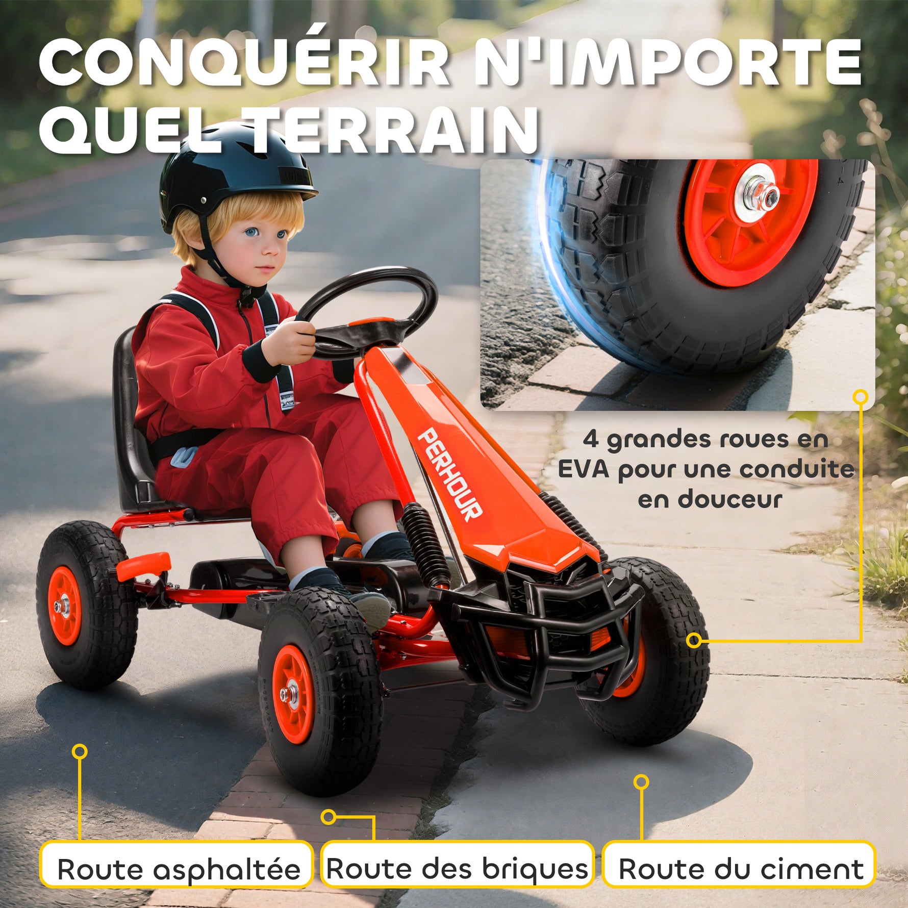 Kart à pédales Go-Kart pour enfants siège réglable pneus EVA embrayage manuel et frein 110 x 61 x 62 cm rouge