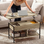 Table basse relevable et extensible, table de salon avec compartiment caché étagères ouvertes, 98x49x55cm, bois naturel