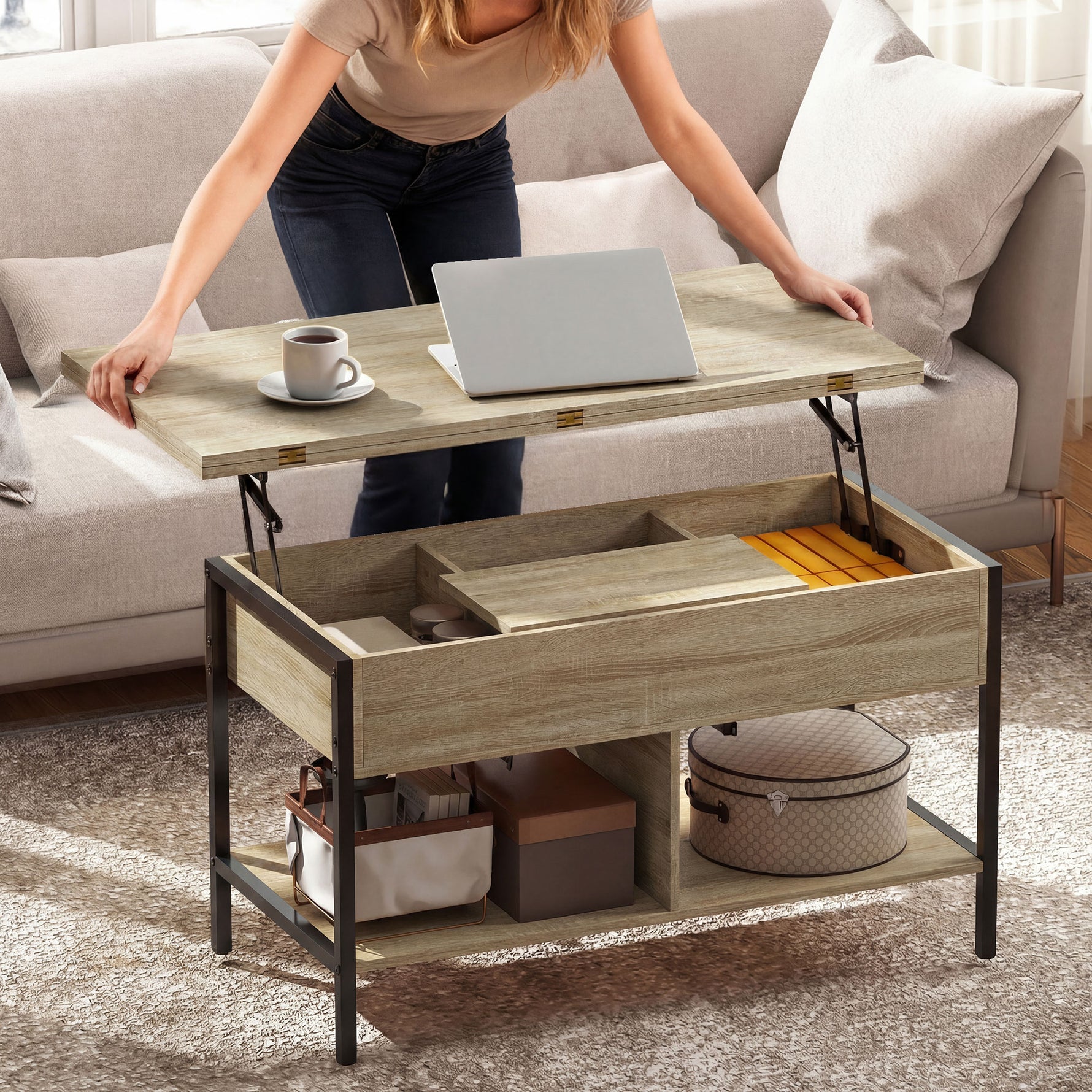 Table basse relevable et extensible, table de salon avec compartiment caché étagères ouvertes, 98x49x55cm, bois naturel