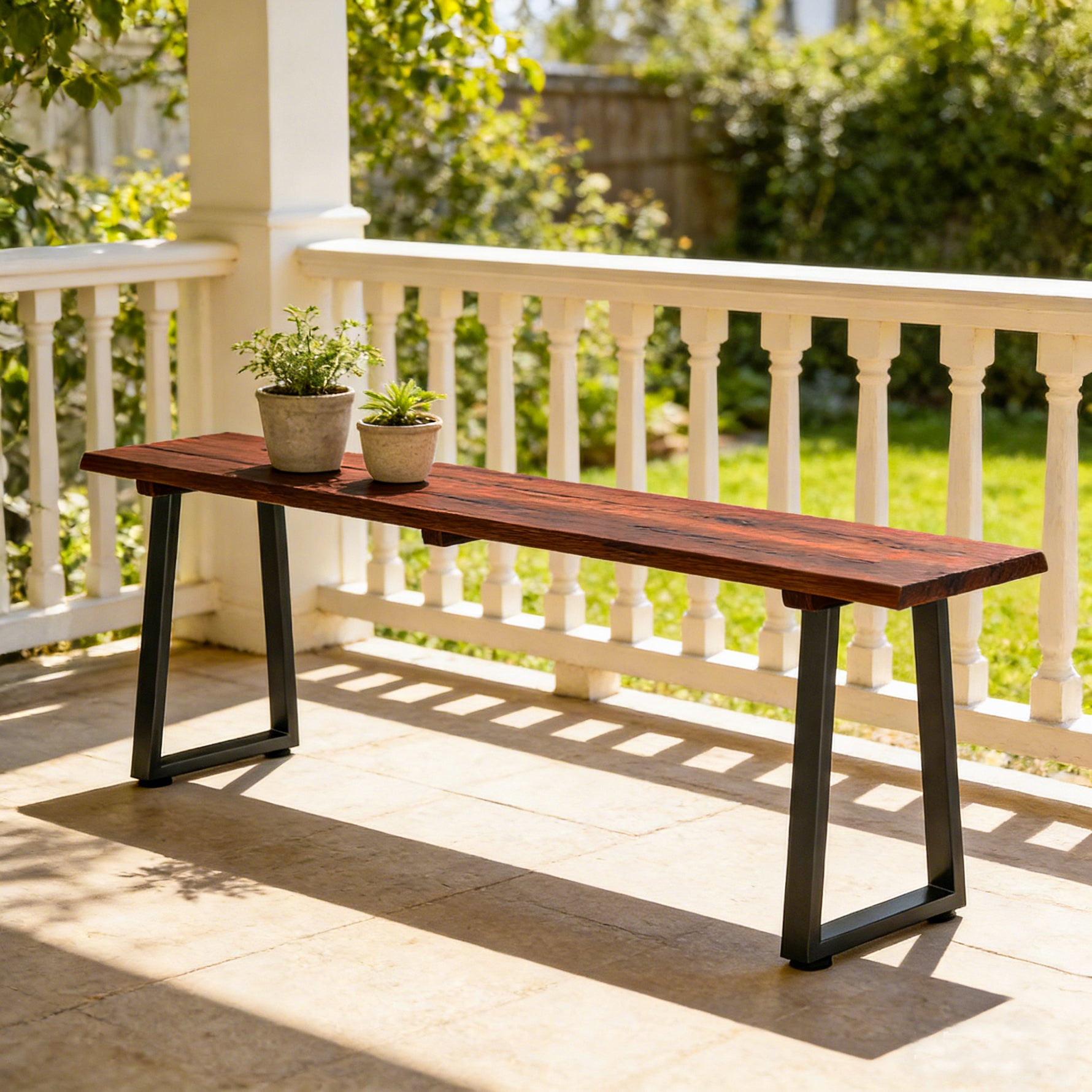 Banc de Jardin en Bois Sans Dossier en Bois, Pieds trapézoïdaux en acier, 2 Places à Effet Bois, 150x28x48cm, Carbonisé