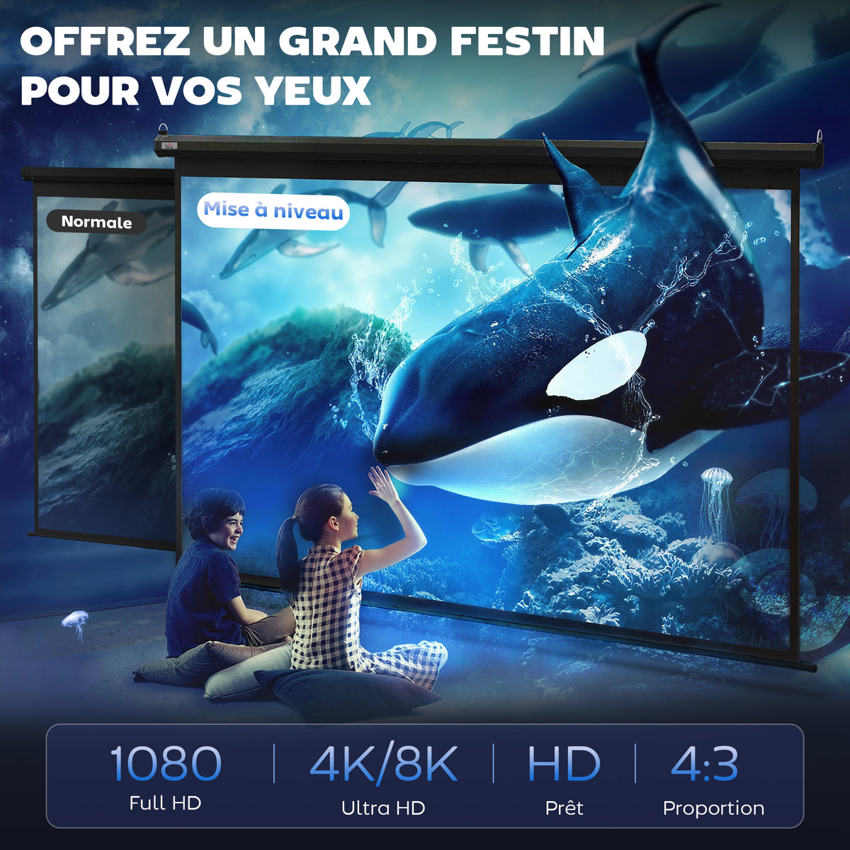 Écran de Projection 120" 4:3 HD 4K, Boîtier en Métal, Écran Hauteur Réglable Manuellement, 244x183cm, Noir