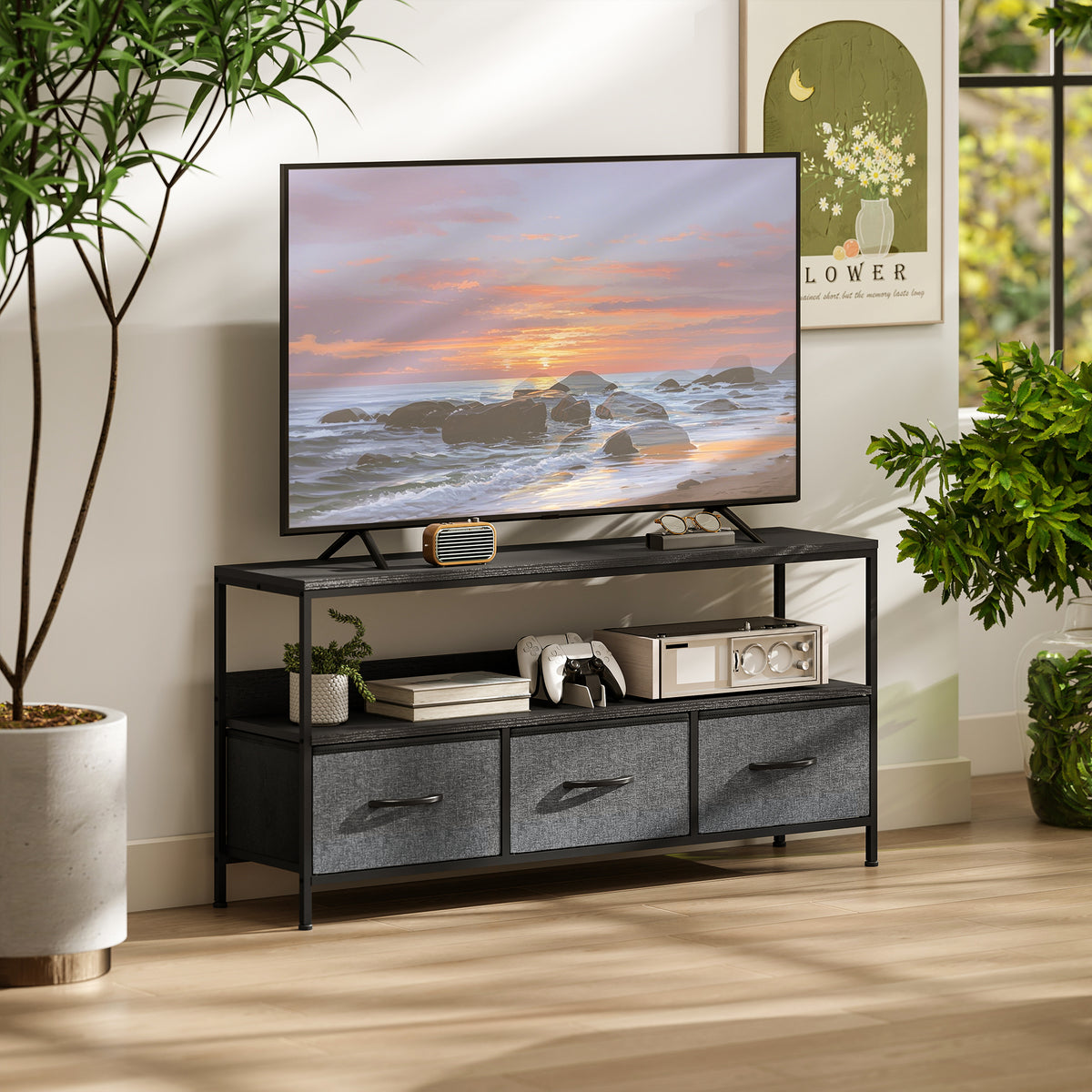 Meuble TV, meuble télé pour téléviseur jusqu'à 55 pouces avec 3 tiroirs et pieds en acier 120 x 29 x 56 cm noir