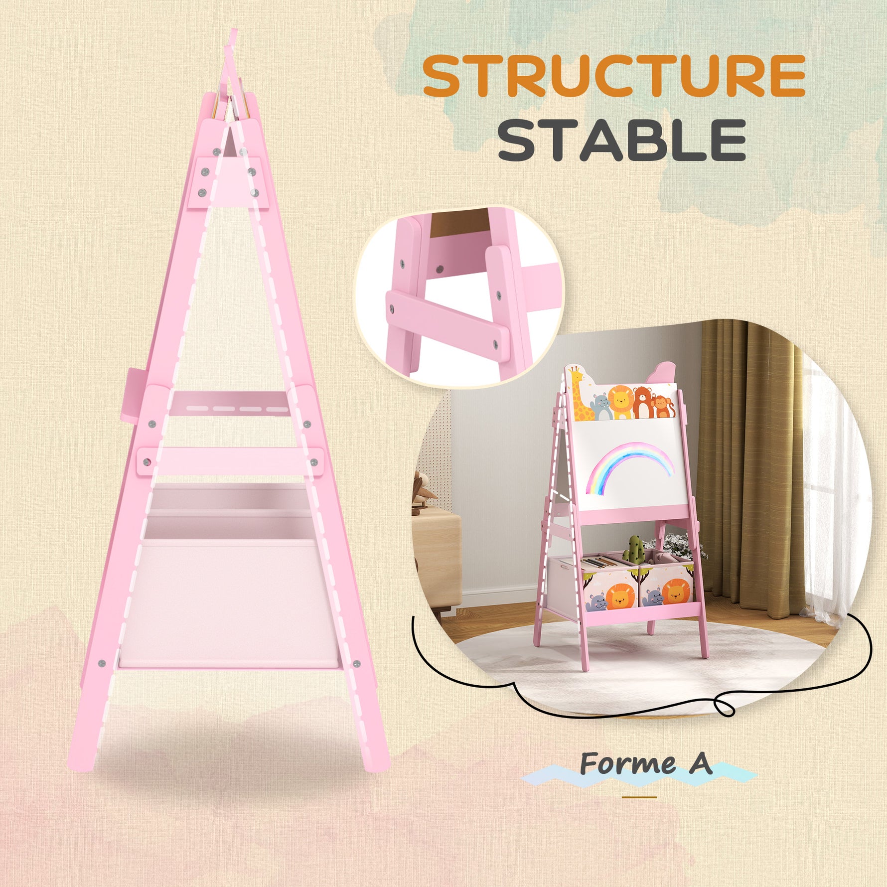 Tableau enfant chevalet enfant double face 2 boîtes de rangement pour enfants 3 - 8 ans 49 x 53,5 x 113 cm rose