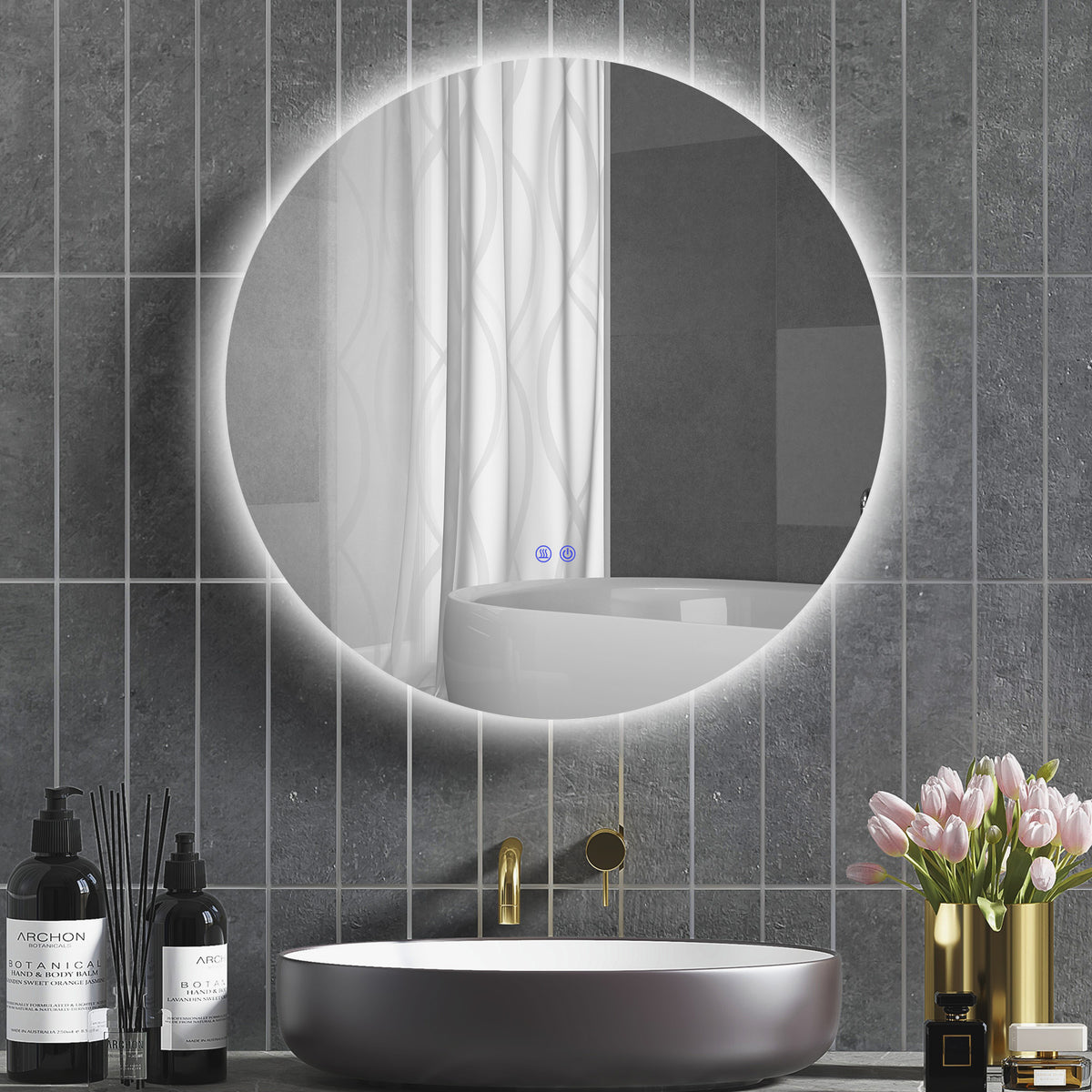 Baineko LED ispilu biribila Ø 80 cm hormakoa, argiztapena, ukipen-etengailua eta lainoaren kontrako sistemaduna