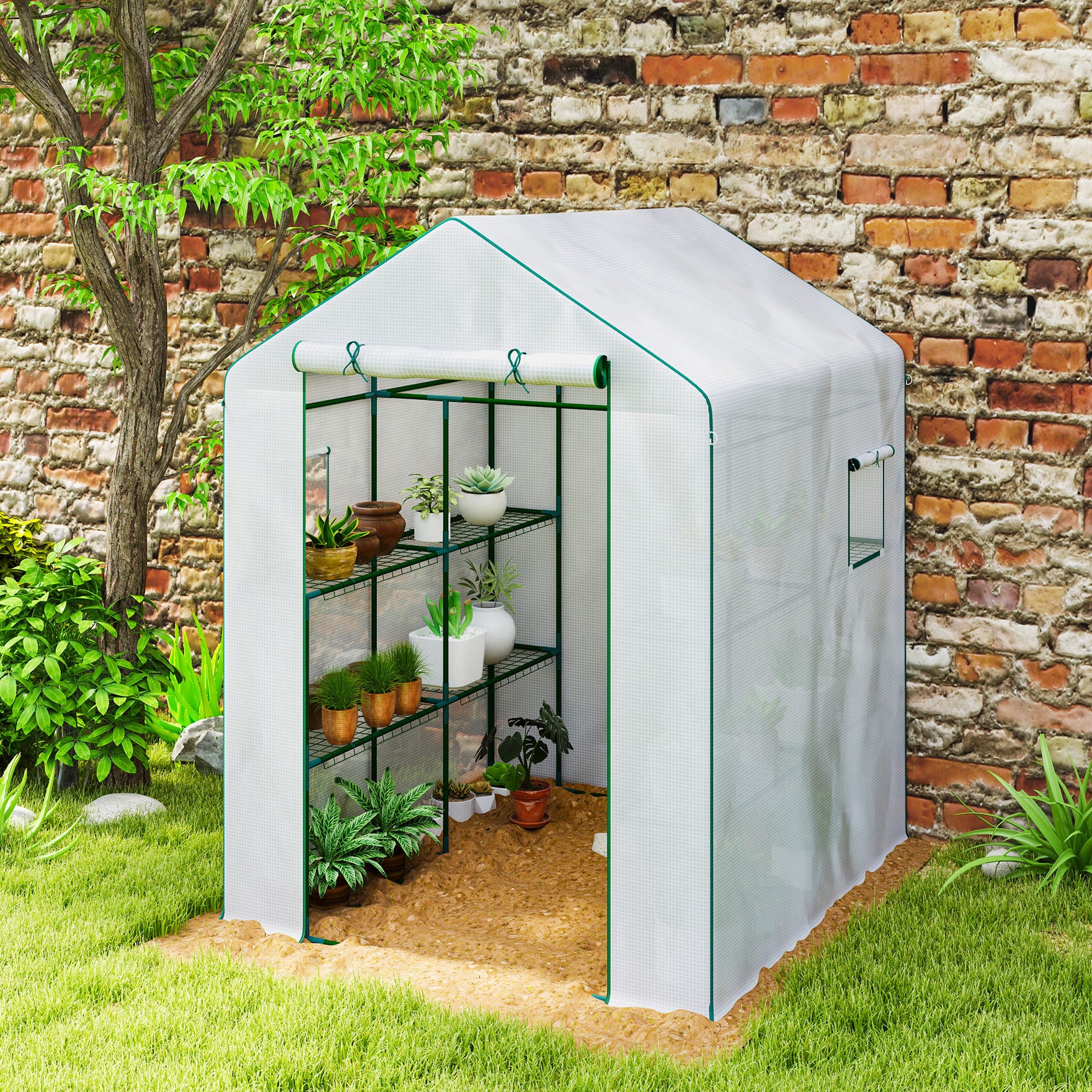 Serre de jardin avec 1 porte 2 fenêtres étagères 3 niveaux pour Légumes Plantes Fleurs Bâche PE 140 x 143 x 190 cm blanc