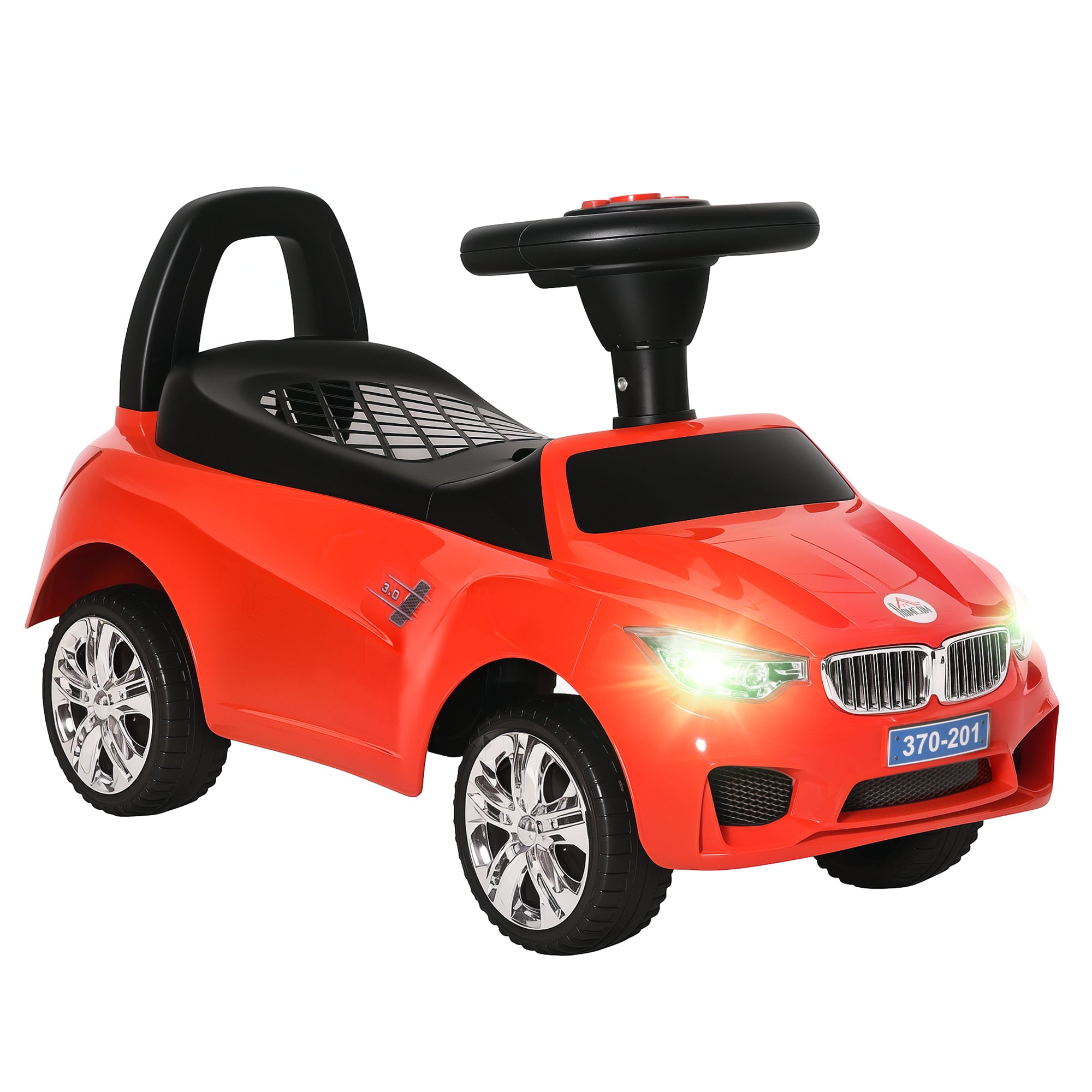 Ride-on car for kids, push vehicle with toy storage, horn, headlights and music, 63.5 x 28 x 36 cm, red