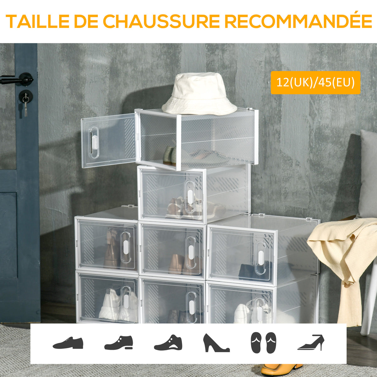 Meuble de rangement modulable, 8 cubes, meuble à chaussures empilables, vêtements, livres, jouets, blanc et transparent